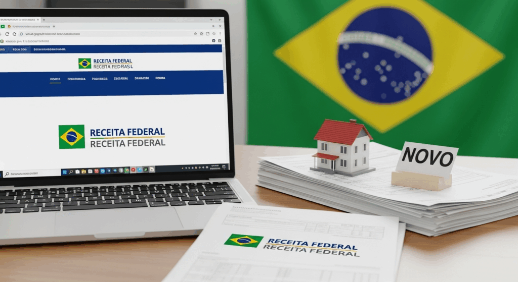 Mesa de escritório com laptop exibindo o site oficial da Receita Federal e documentos, simbolizando como atualizar valor de imóvel no IRPF 2025 Lei 14973 e evitar multas