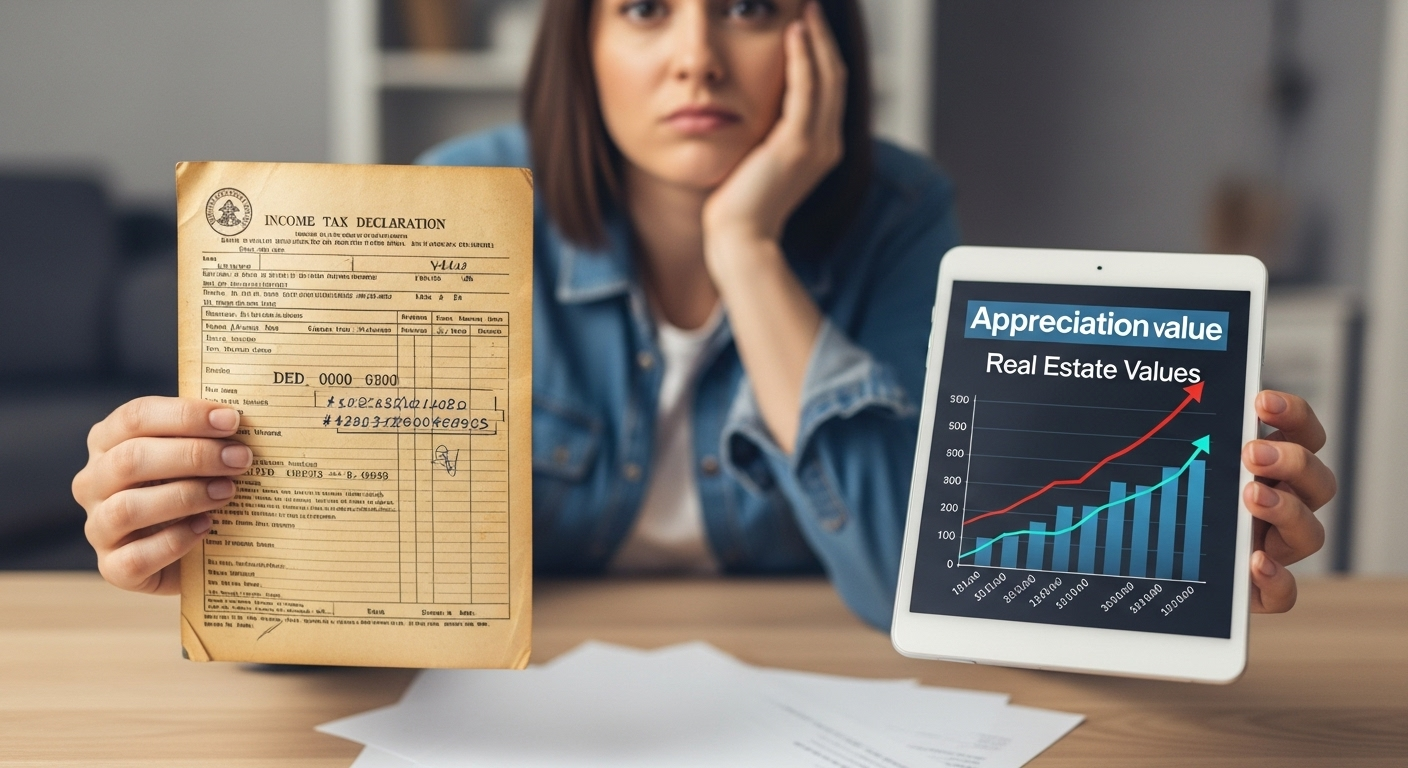 Pessoa compara documento antigo de imóvel com valores atuais de mercado, ilustrando o problema de bens subavaliados no Imposto de Renda