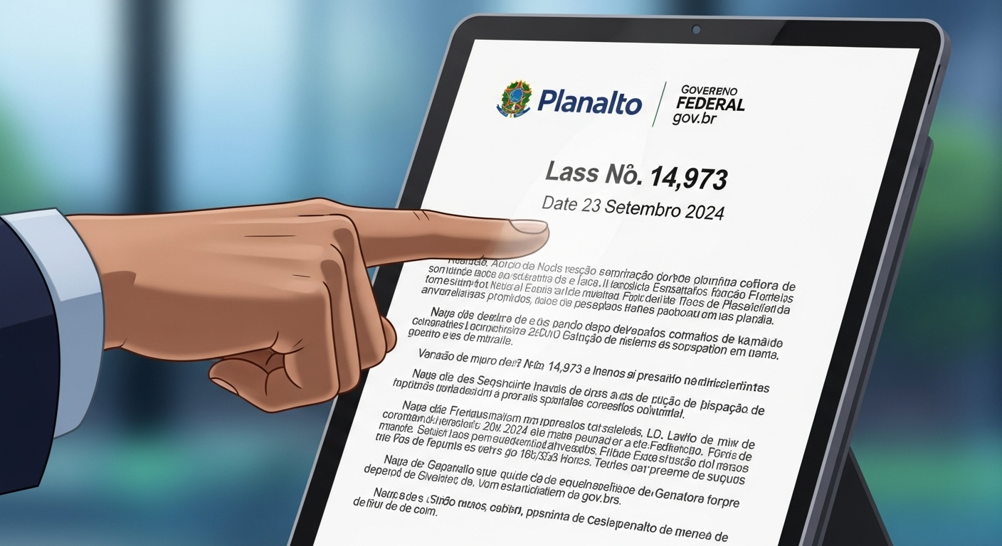 Mão aponta para documento digital da Lei 14973/2024, indicando a solução para como atualizar valor de imóvel no IRPF e evitar multas