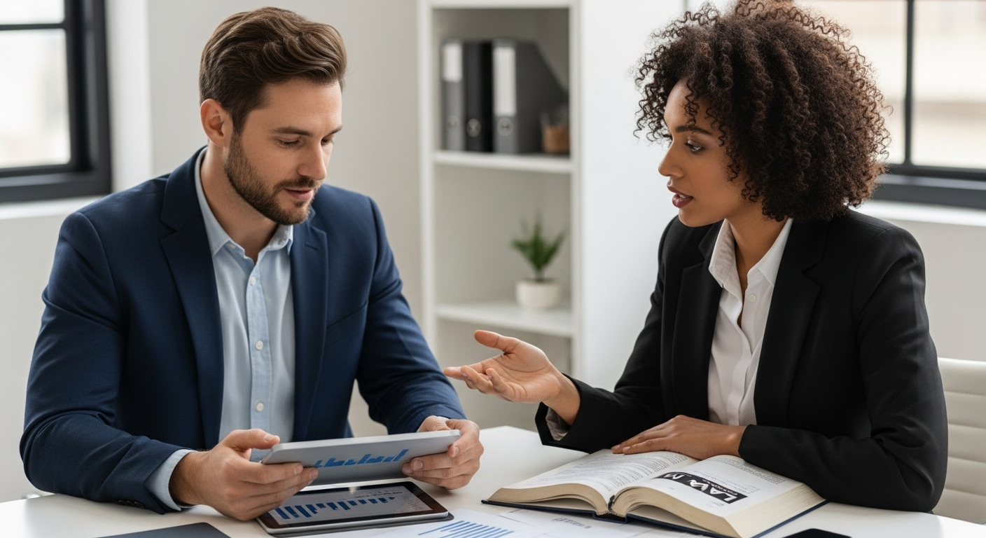 Contador e advogado tributarista colaboram, oferecendo consultoria especializada para guiar o processo de atualização de imóveis no IRPF