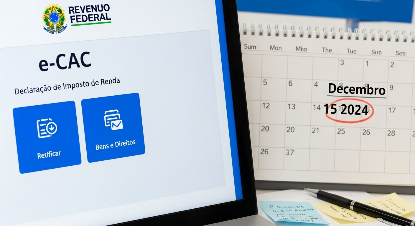 Tela com interface estilizada do e-CAC da Receita Federal e um calendário marcando o prazo final de dezembro de 2024 para atualizar imóvel no IRPF