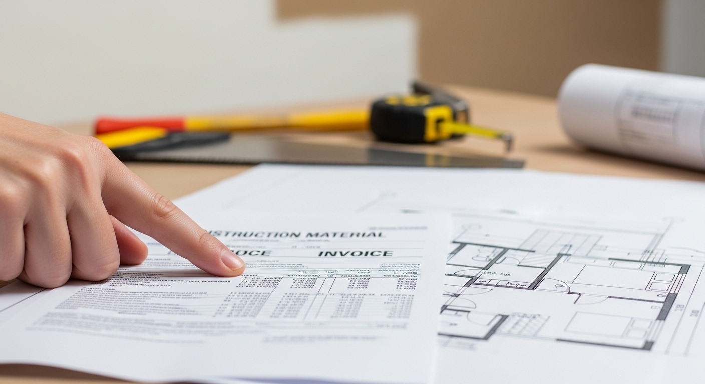 Nota fiscal de reforma sobre planta de uma casa, ilustrando como atualizar o valor de imóvel na declaração através de benfeitorias comprovadas