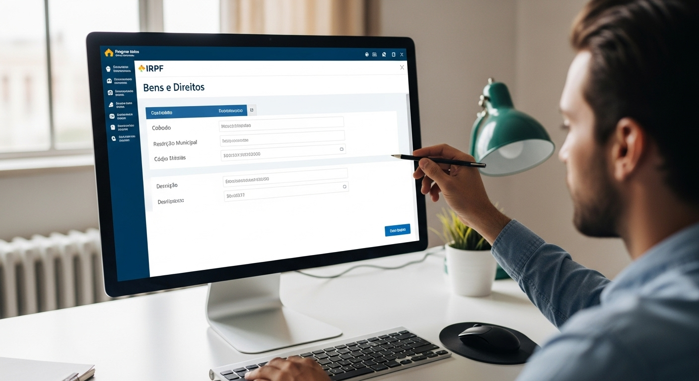 Passo a passo de como declarar valor de imóvel no IRPF 2025, mostrando a tela do programa da Receita Federal sendo preenchida corretamente