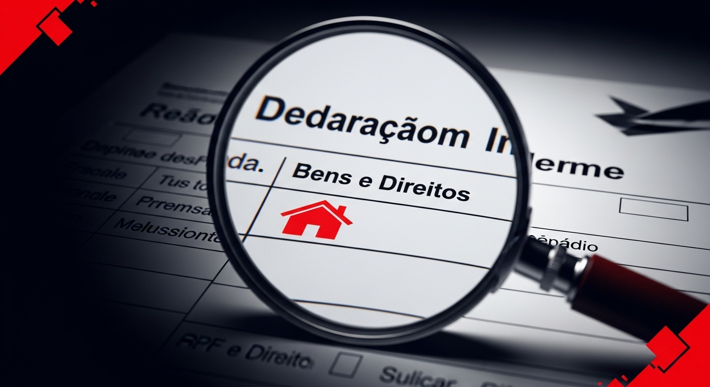 Lupa sobre declaração de imposto de renda destacando um erro em um imóvel, simbolizando o risco de cair na malha fina do IRPF por inconsistências